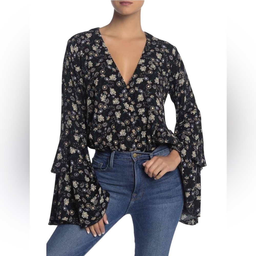 Free People She's Dainty Bodysuit Black Ditsy Floral Tiered Bell Sleeve V Neck L